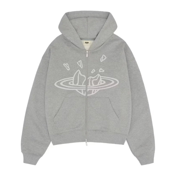 Broken Planet Zip Up Hoodie - Heather Grey and Front