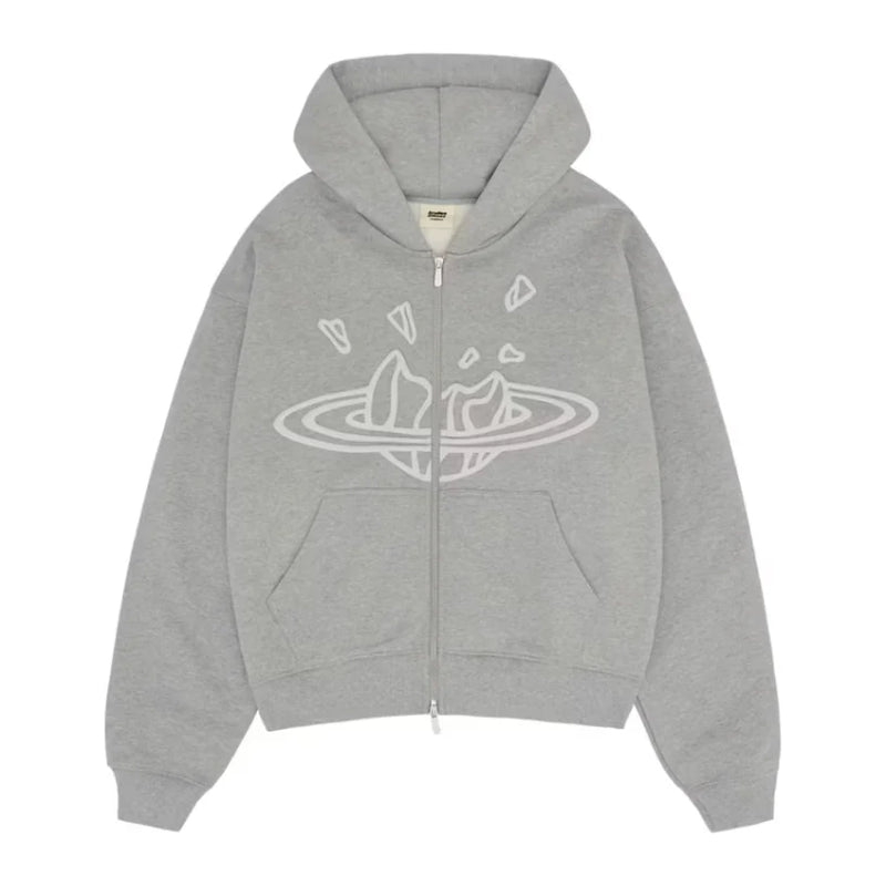 Broken Planet Zip Up Hoodie - Heather Grey and Front