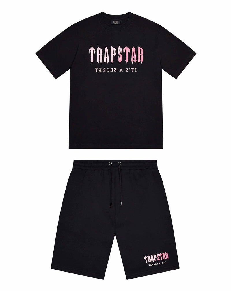 Trapstar Chenille Decoded Short Set - Black/Pink and Front