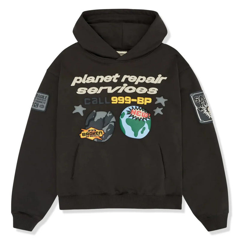 Broken Planet ‘Planet Repair Services’ Hoodie - Soot Black and Front