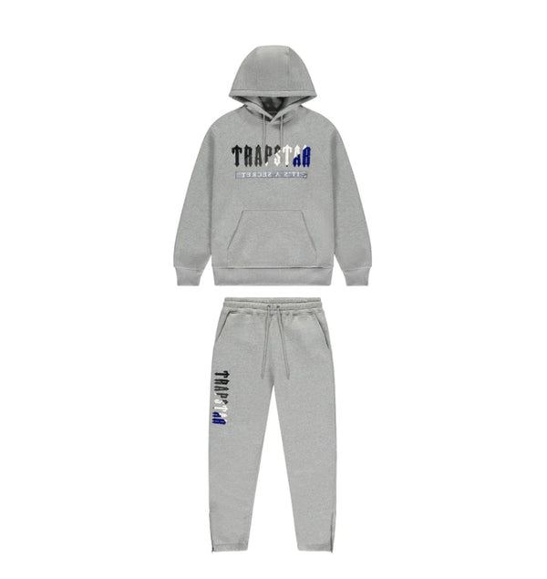 Trapstar Chenille Decoded 2.0 Hooded Tracksuit - Grey/Blue and Front