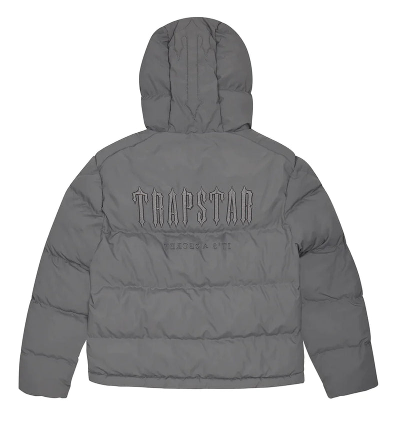 Trapstar Decoded Hooded Puffer 2.0 Jacket - Smoke Grey and Front