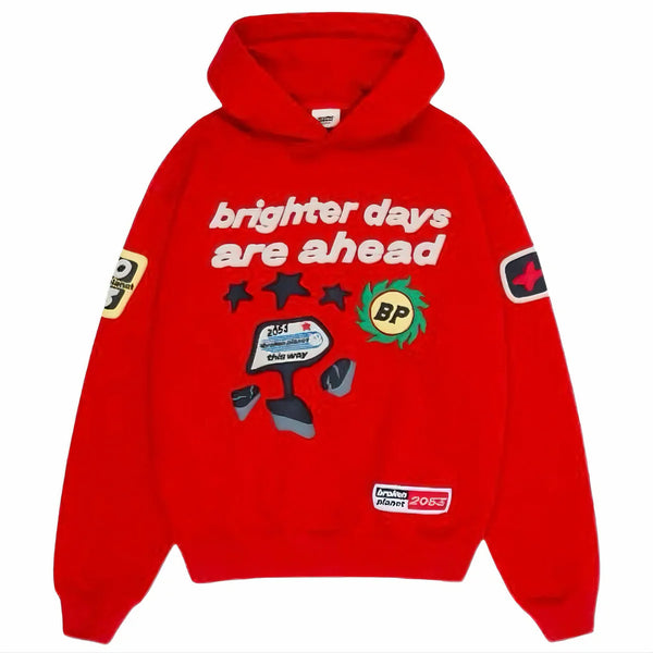 Broken Planet ‘Brighter Days Are Ahead’ Hoodie - Ruby Red and Front