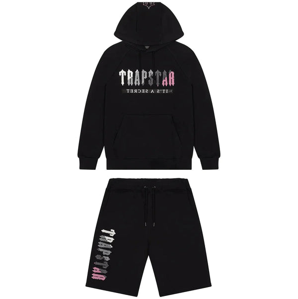 Trapstar Decoded Hooded Short Set - Black/Pink and Front
