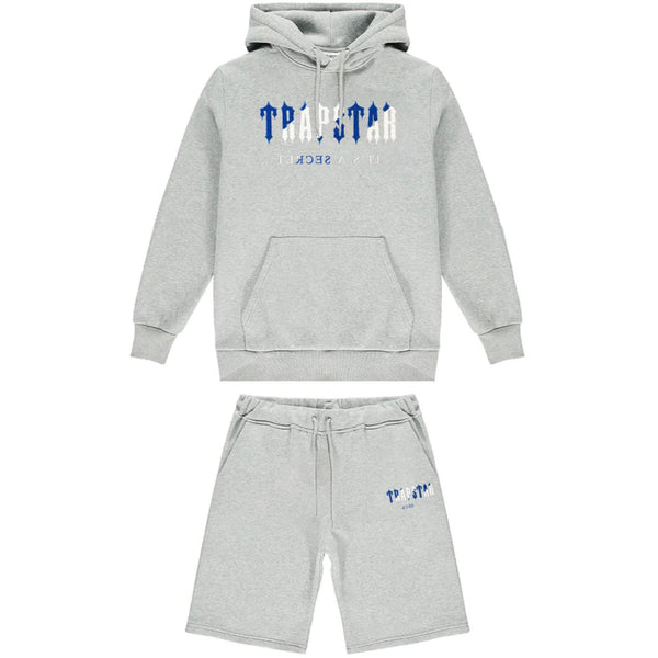 Trapstar Chenille Decoded Hoodie Short Set - Grey/Dazzling Blue and Front
