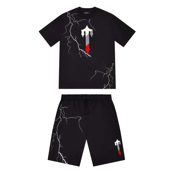 Trapstar Irongate T Lightning Shorts Set - Black/Infrared Edition and Front