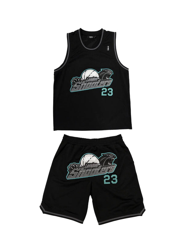 Trapstar Shooters SS23 Basketball Shorts Set - Black/Teal and Front