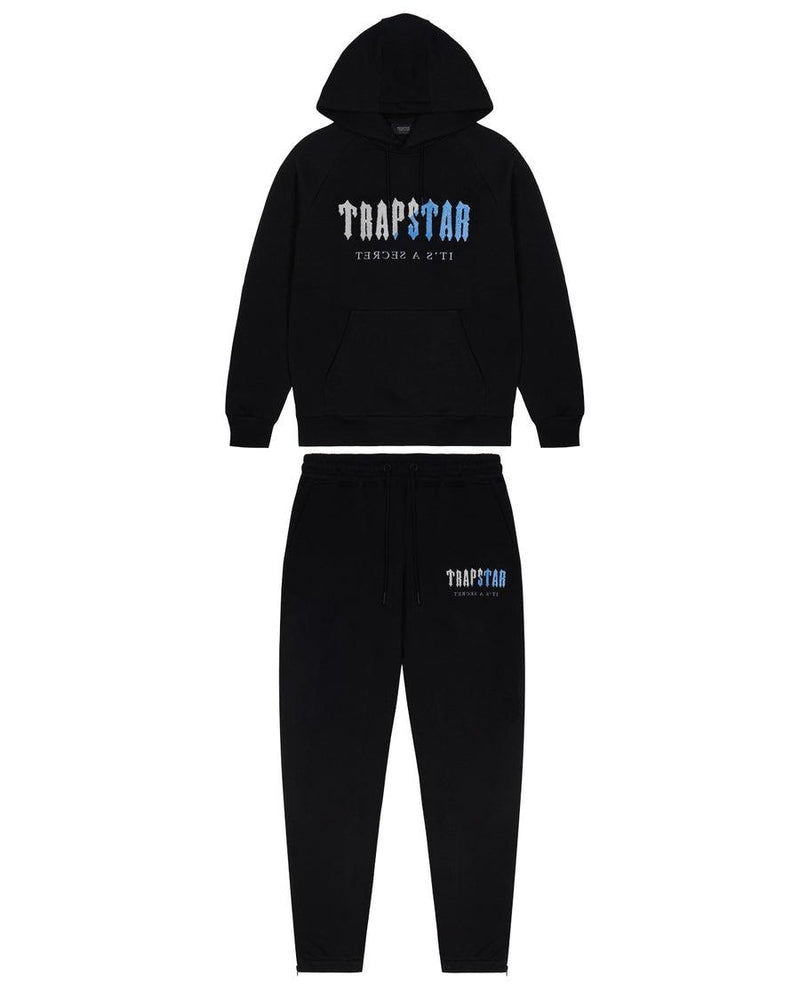 Trapstar Chenille Decoded Tracksuit - Black/Light Ice Blue and Front