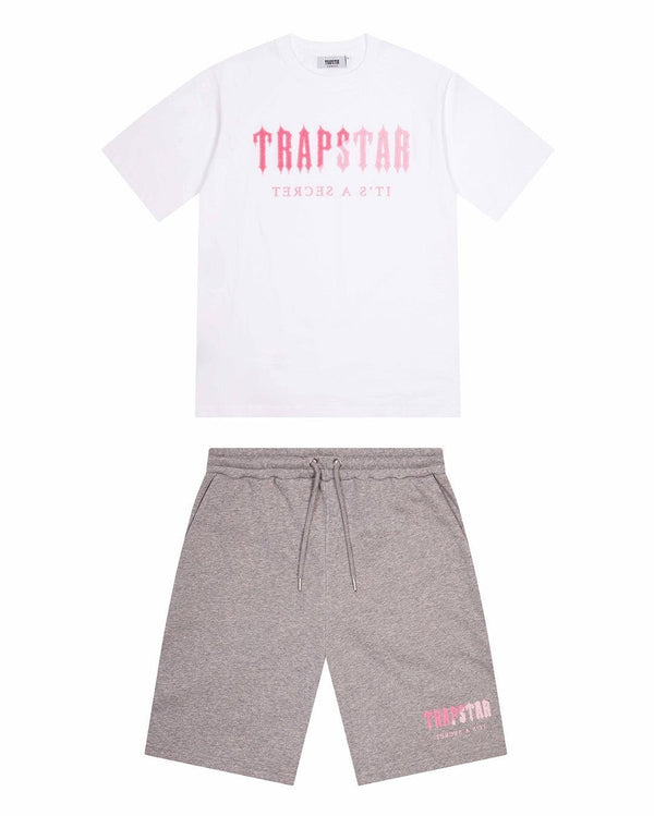 Trapstar Chenille Decoded Short Set - White/Grey/Pink and Front