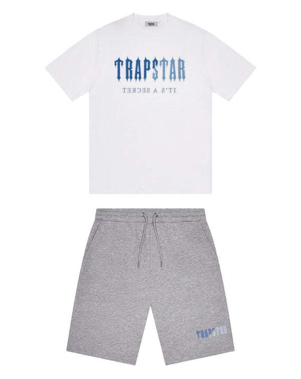 Trapstar Chenille Decoded Short Set - White/Blue and Front